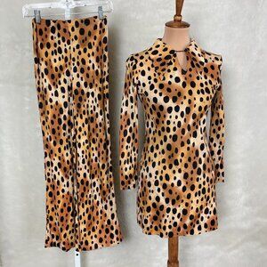 Vintage 70s Black & Orange Tan Leopard Two Piece Long Sleeve Tunic Pants Set XS